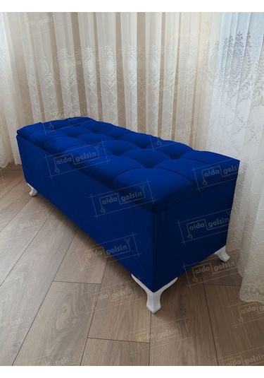 Çizgi Kapitoneli Sandıklı Puf 100 Cm Beyaz Ayak Lacivert