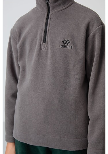 Tommy Life Koyu Gri Kalın Yumuşak Dokulu Standart Fit Nakışlı Polar Erkek Çocuk Sweatshirt - 11221 Koyu Gri