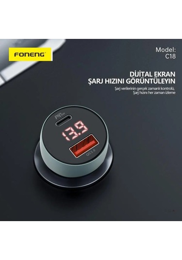 Foneng C18 48w Type-c + Usb Led Gösterge Araç İçi Şarj Adaptörü -
