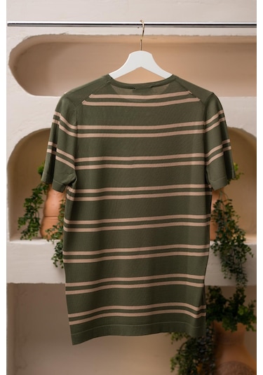 San&fa Bisiklet Yaka Çizgili Rayon Kumaş Slimfit T-shirt Yeşil
