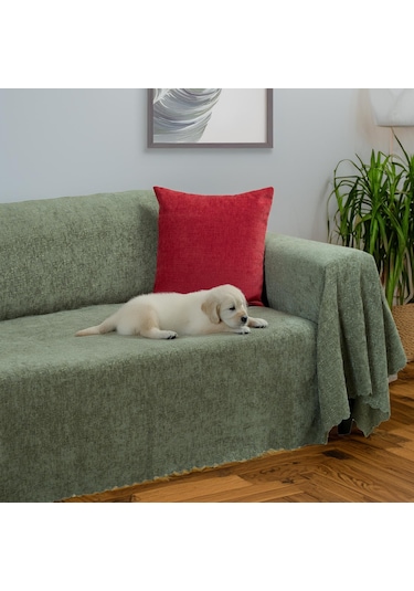 Jakarlı Şönil Koltuk Örtüsü Kanepe Örtüsü Koltuk Şalı 175x300 Kaymaz Sage Yeşil Yeşil