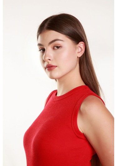 Kadın Kırmızı Fitilli Likralı Sıfır Kol Bisiklet Yaka Örme Atlet Tshirt Bluz Kırmızı