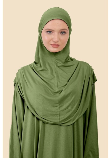Tek Parça Tesettür Elbisesi Tak Çıkar Başörtülü Organik Pamuklu Lastikli Kolu Kaymaz Penye Kumaş Açık Haki