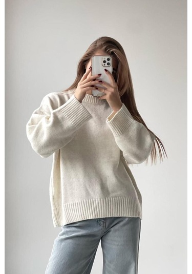 Ekru Bisiklet Yaka Oversize Triko Kazak Mg1972 Ekru