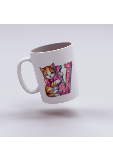 V Harfli Bardak, Sevimli Kedili Pembe Tasarım Bardak, Arkadaşa Aileye Hediye Porselen Beyaz