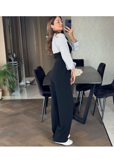 Nevege Butik Kadın Düğmeli Örme Likralı Palazzo Pantolon Siyah