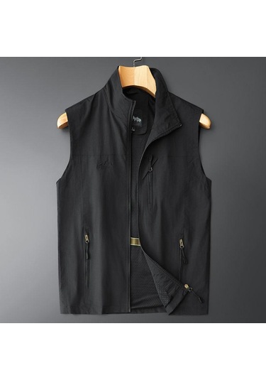 Büyük Beden Erkek İlkbahar Yaz İnce Yelek Kolsuz Ceket Dik Yaka Yelek Günlük Yelek Siyah