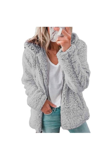 Kadın Mont Yün Kürk Kabarık Kürklü Ceket Polar Ceketler Kapşonlu Uzun Kollu Kış Isıtıcı Peluş Polar Hırka Açık Gri