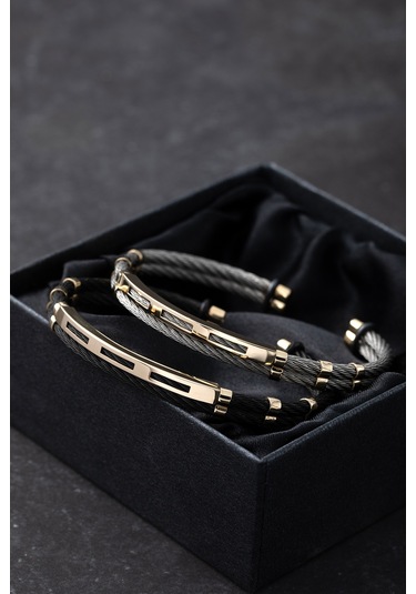 14 Ayar Altın Gri Çelik Kelepçe Model Erkek Bilekliği Gri