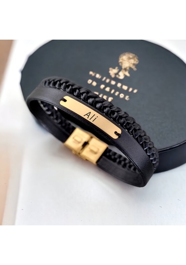 Ali Yazılı 14 Ayar Altın Plakalı Dikdörtgen Motifli Hakiki Siyah Derili Hediye Bileklik-537isim Ali