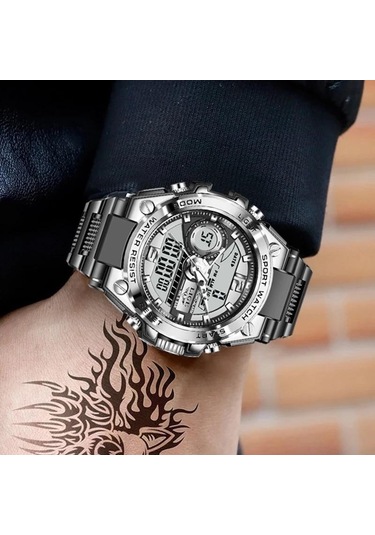 Lıge Yeni Spor Erkek Saatleri Top Marka Lüks Askeri Kuvars İzle Erkekler Su Geçirmez Gümüş&black