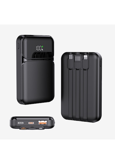 Snp-3006 10.000 Mah Hızlı Şarj Led Göstergeli Powerbank 3in1 Dahili Kablolu Powerbank Çoklu Giriş Siyah