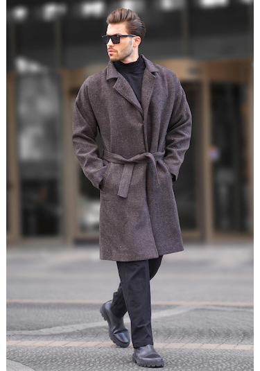 Madmext Kahverengi Kruvaze Yaka Desenli Kaşe Kaban 7250-kahverengi Kahverengi