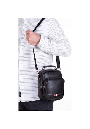 Tuldar Erkek Deri Ayarlanabilir Çapraz Omuz Askılı Günlük Omuz Ve El Çantası 19x22cm Tul132 Siyah - Kırmızı