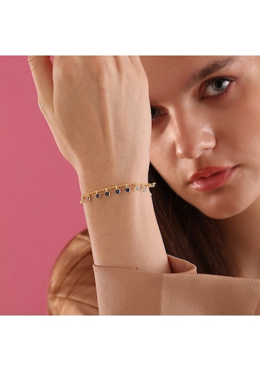 Queen Silver Jewelry 925 Ayar Gümüş Mavi Renk Geçişli Top Zincirli Bileklik Altın