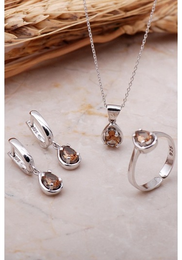 Sultan Taşlı Rodyumlu Damla Gümüş Set 2347 527431005