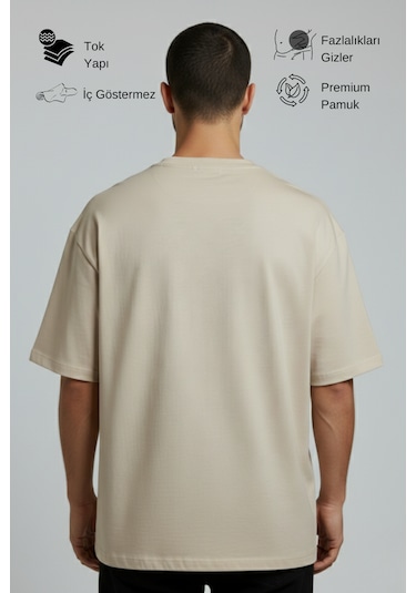Allunique Erkek Pamuklu Oversize Bisiklet Yaka Bej T-shirt