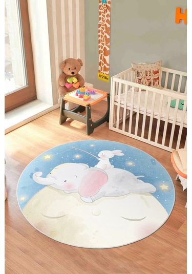 Ay Üstünde Bir Masal Tavşanlı Ve Fil Temalı Yuvarlak Kaymaz Taban Halı Mavi