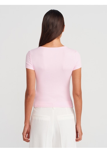 Dilvin 31838 Düğmeli Kısa Kollu Top-açık Pembe Açık Pembe