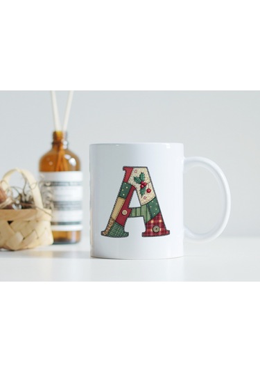 A Harfi Yılbaşı Temalı Kupa Bardak - Yeni Yıl Konsept Yamalı Efekt Tasarım - Noel Hediye Beyaz