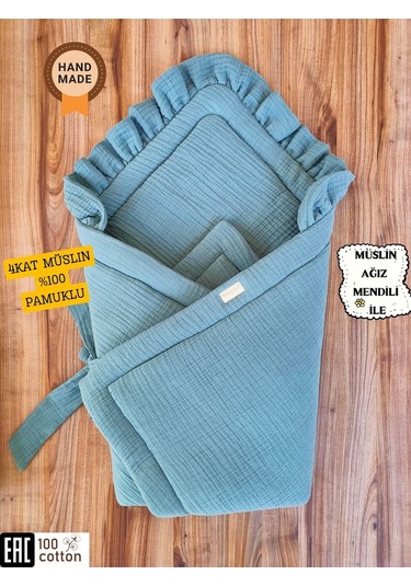 Ekru 4 Kat Müslin Bebek Battaniyesi %100 Pamuklu Doğal Organik Uyku Kundağı Hastane Çıkışı Yenidoğan Mint