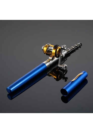 Olta Makarası Combo Kit Seti Mini Teleskopik Taşınabilir Cep Kalem Olta Direği + Makara Blue