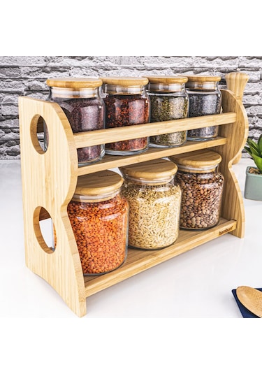 Bambum Bench Standlı 8 Parça Cam Baharat Takımı Bambu