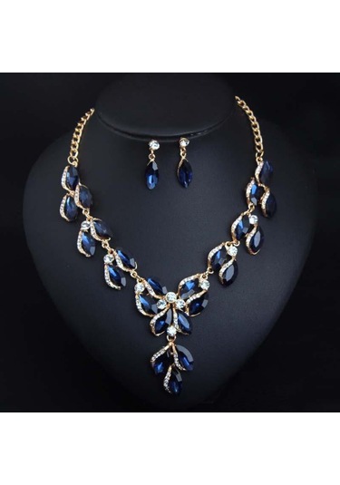 Kristal Değerli Taş Köprücük Kemiği Kısa Kolye Küpe Takı Seti Moda Kadın Aksesuarları Mavi