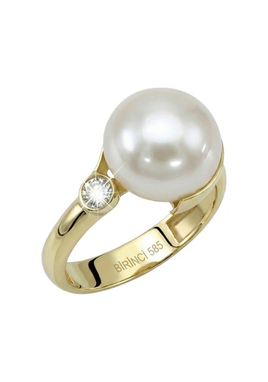 Pırlantalı Doğal İnci Yüzük 9 Mm Sarı