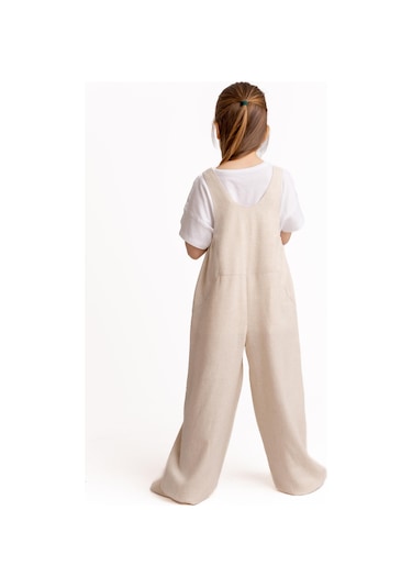 Cigit Roba Komple Nakışlı Keten Salopet 2-7 Yaş Naturel Beyaz