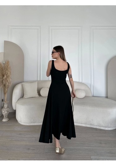 Sırt Dekolteli Kolsuz Uzun Elbise - Siyah Siyah