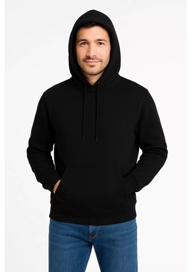 Erkek Üç İplik Kapüşonlu Kanguru Cepli Sweatshirt Hoodie - Siyah Siyah