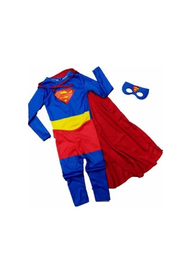 Erkek Çocuk Pelerinli Süpermen Kostümü - Süper Adam Kostümü 2-10 Yaş Mavi