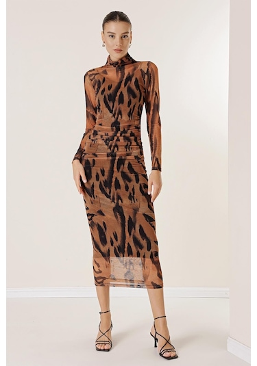 Leopar Desenli Önü Büzgülü Astarlı Tül Elbise-35114-taba Taba