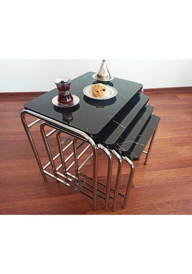 Zigon Sehpa Nikelaj Kaplama Metal Ayaklı Siyah Mermer Desen (540935862)