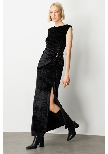 Ekol Kadın Metal Aksesuarlı Simli Kadife Elbise 4085 Siyah Siyah