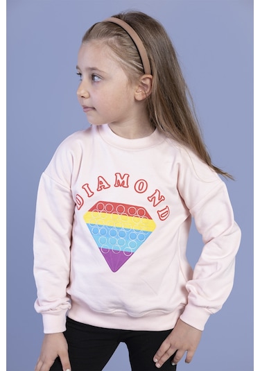 Toontoy Kız Çocuk Popıt Baskılı İçi Pamuklu Sweatshirt Pudra