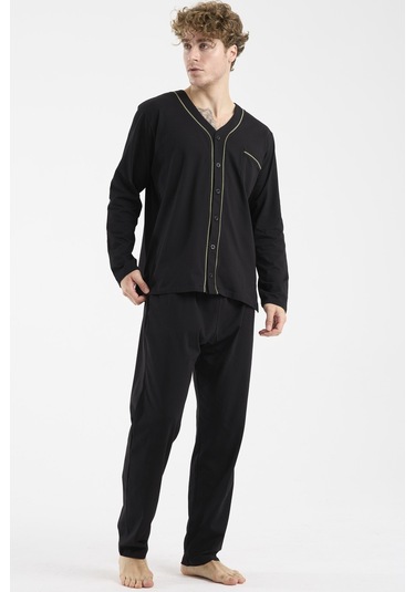 Sementa V Yaka Düğmeli Pijama Takım - Siyah Siyah