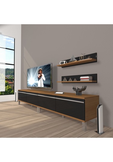 Decoraktiv Eko 220t Mdf Krom Ayaklı Tv Ünitesi Tv Sehpası Ceviz - Siyah