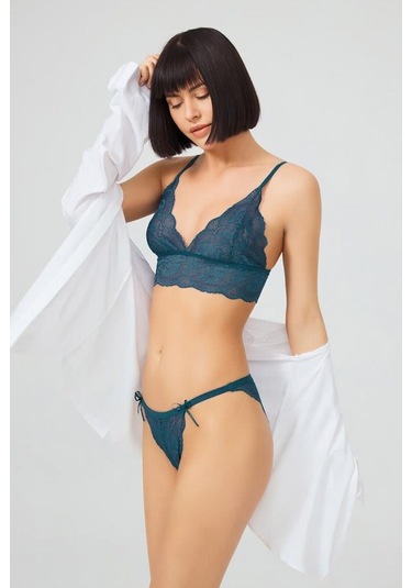 Tenan Yeşili Dantelli Transparan Balensiz Kadın Sütyen Takımı Tenan Yeşili