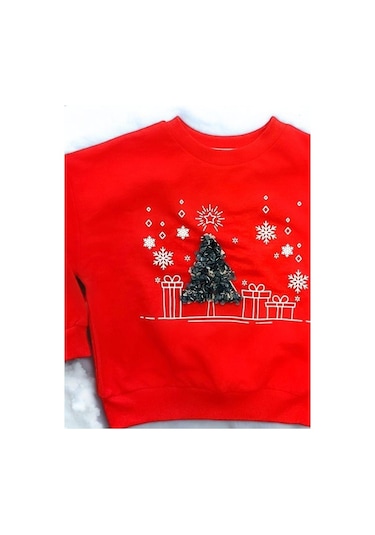 Kız Çocuk Yılbaşı Temalı Ağaçlı Sweat-14328 Kırmızı