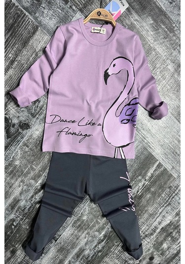 Flamingo Desenli Lila Renk Kız Çocuk Mevsimlik Taytlı Takım Lila