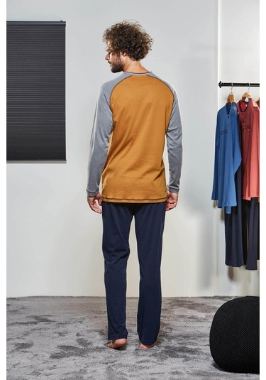 Pjs Erkek Kışlık Uzun Kol Hardal Pijama Takımı - Hardal