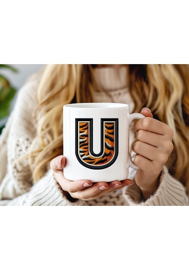 U Harfi Kaplan Figürlü Nakış Desenli Kupa Bardak - Kişiye Özel Vahşi Hayvan Desenli Kupa - Hediye Beyaz