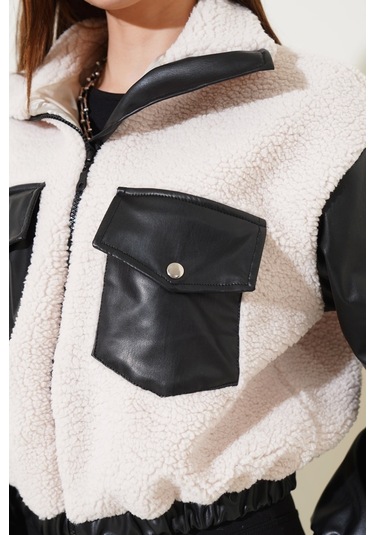 Deri Garnili Cepli Peluş Mont Siyah T1253 Siyah