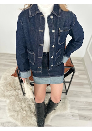 Keymoda Kadın Denim Etek Ceket Takım Mavi Mavi