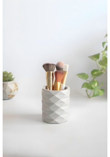 Dekoratif Geometrik Kalemlik Modern Beton Organizer Vazo Saksı Diş Fırçalık Ofis Düzenleyici Beyaz