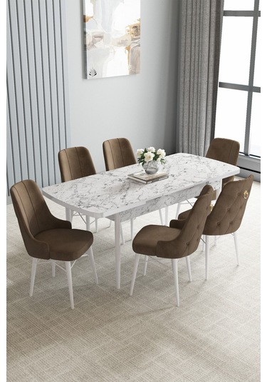 Jusie Beyaz Mermer Desen 80x132 Açılabilir Yemek Odası Takımı 6 Adet Sandalye Kahverengi