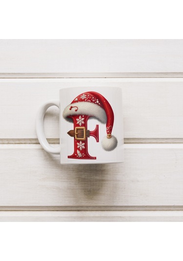 F Harfi Yılbaşı Temalı Bardak 330 Ml Harfli Kişiye Özel Hediye - Yeniyıl / Noel Şapka Tasarım Beyaz