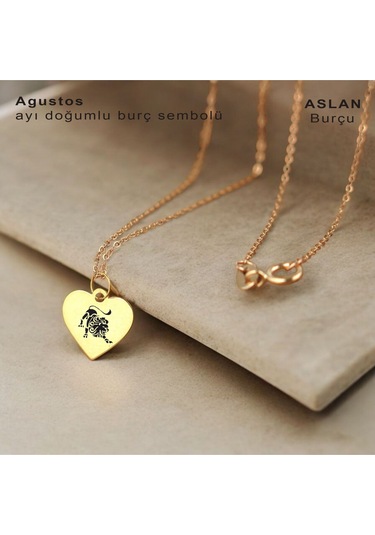 Aslan Burçlarına Kalp Motifli Zincirli 14 Ayar Altın Plakalı Hediyelik Kolye-352burç Aslan